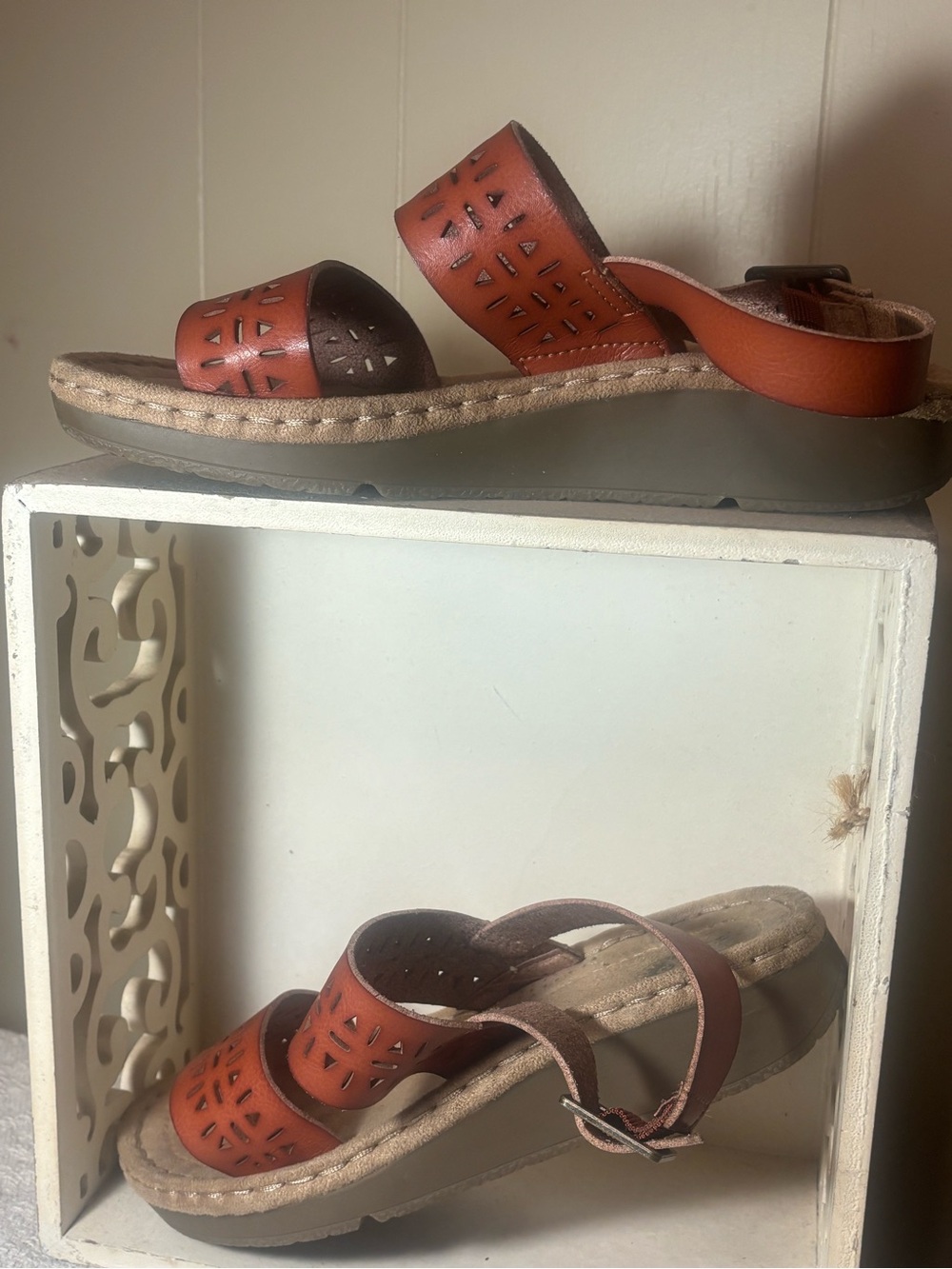 Cutout Leather Slingback Sandals in Rust Brown